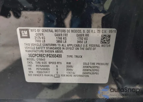 2015 Chevrolet Silverado 1500 1Lt из США, поврежденный, VIN 3GCPCREC1FG393430